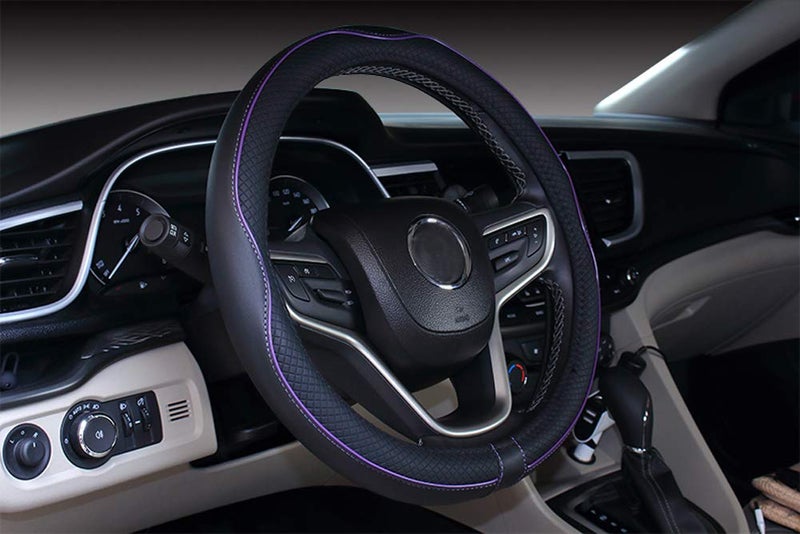 Mayco Bell Universal Standard Size Steering Wheel Cover Anti-Slip,Safety,Soft,Breathable,Durable,Full Surround,Comfortable Grip Microfiber Leather (14.5-15 inch,Black Purple) - Image 1